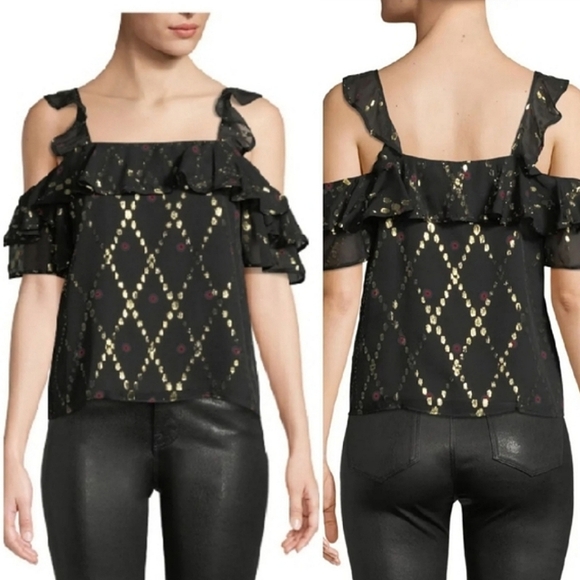 A.L.C. Willow Silk Metallic Ruffle Cold-Shoulder Top Blouse - Picture 1 of 1